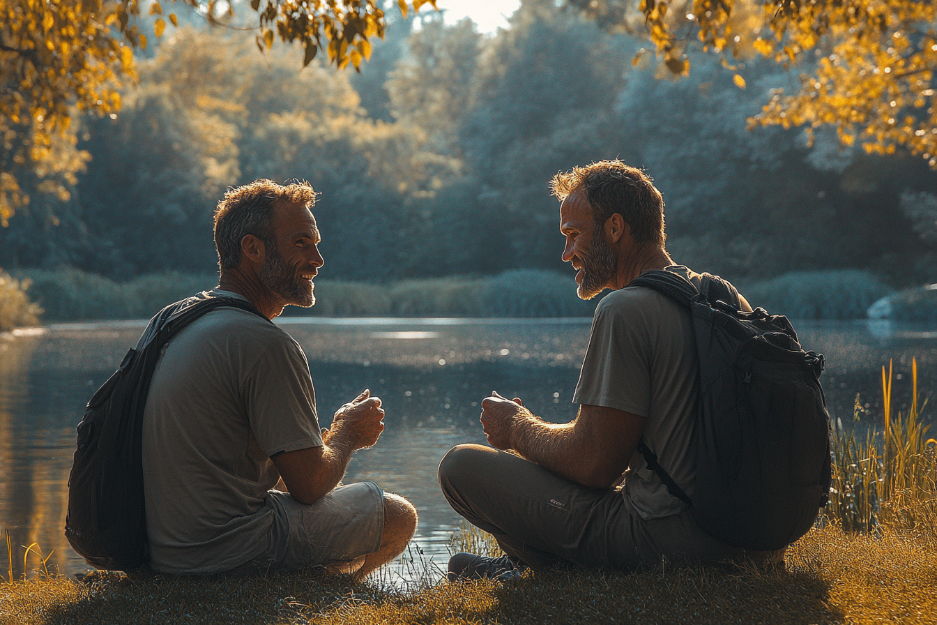 Ein Mann spricht mit seinem Freund in der Nähe eines Sees | Quelle: Midjourney