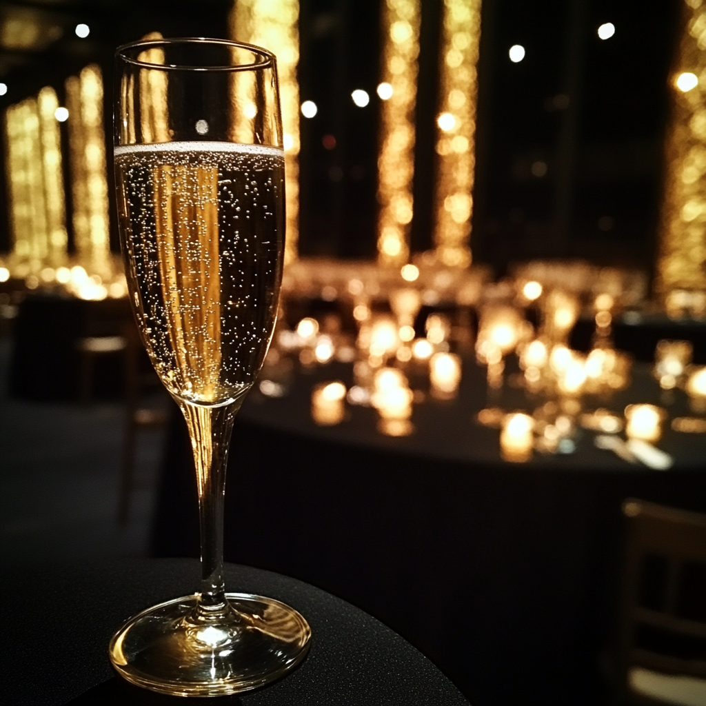 Ein Glas Champagner auf einem Tisch | Quelle: Midjourney