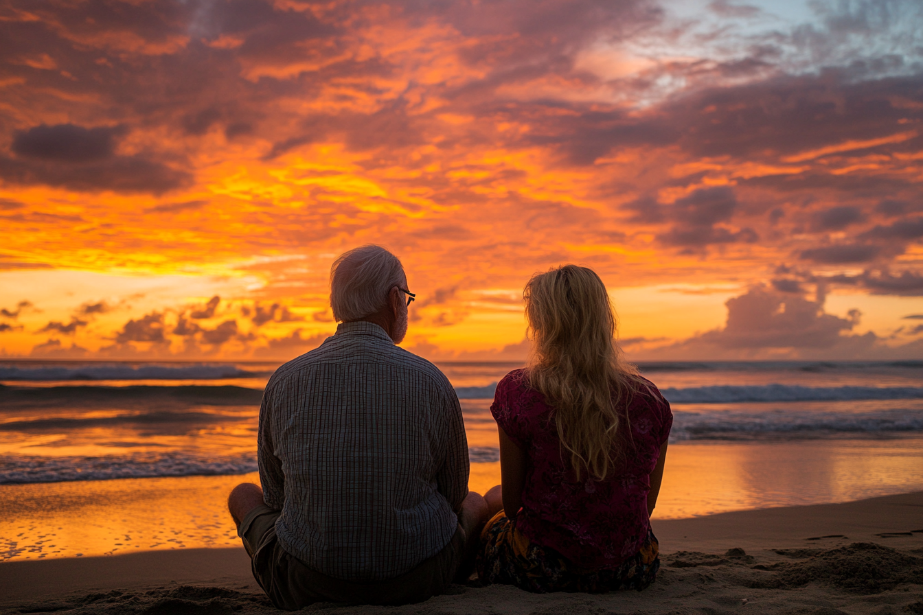 Eine Frau und ihr Großvater am Strand bei Sonnenuntergang | Quelle: Midjourney