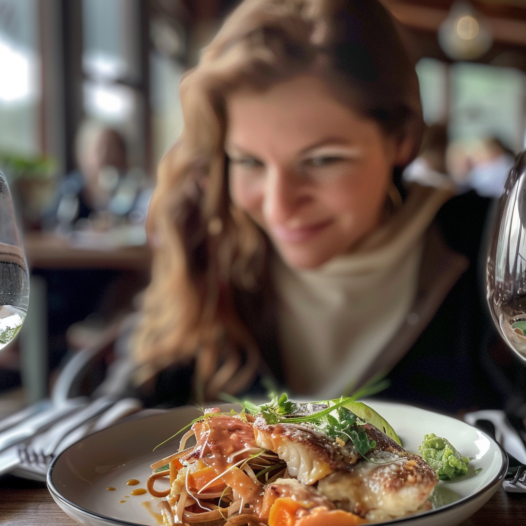 Frau bewundert einen Teller mit Gourmet-Essen | Quelle: Midjourney