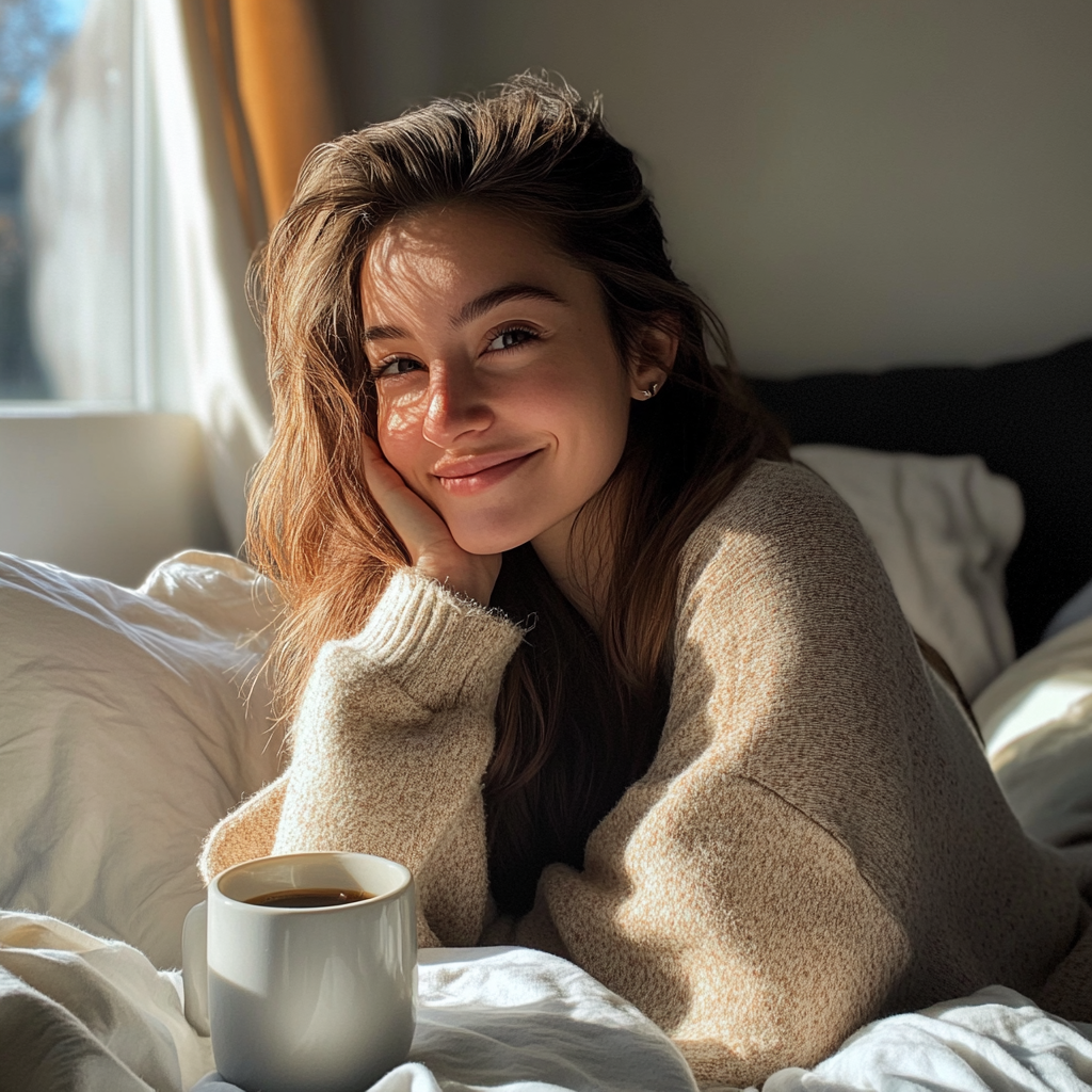 Frau trinkt Kaffee auf ihrem Bett sitzend | Quelle: Midjourney