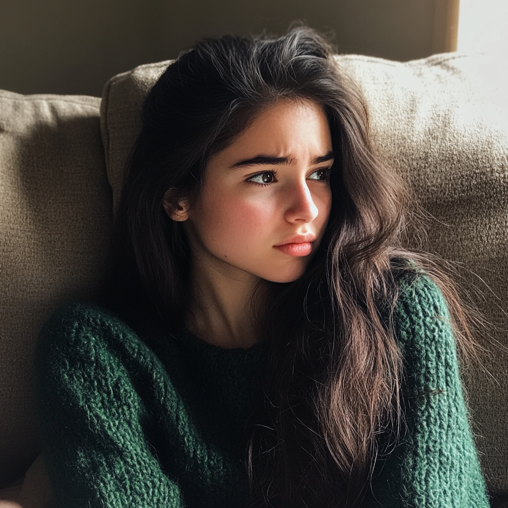 Ein aufgeregtes Teenager-Mädchen sitzt auf einer Couch | Quelle: Midjourney