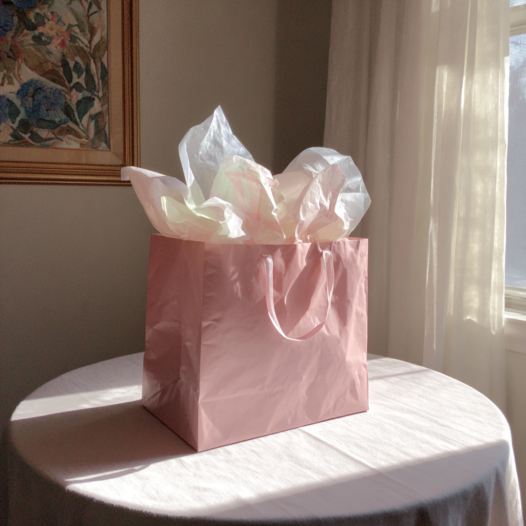 Eine rosa Geschenktüte auf einem Tisch | Quelle: Midjourney