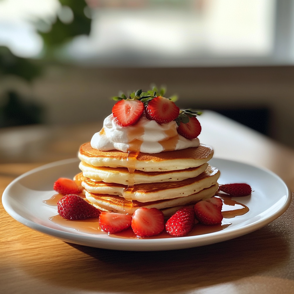 Ein Stapel Erdbeerpfannkuchen | Quelle: Midjourney
