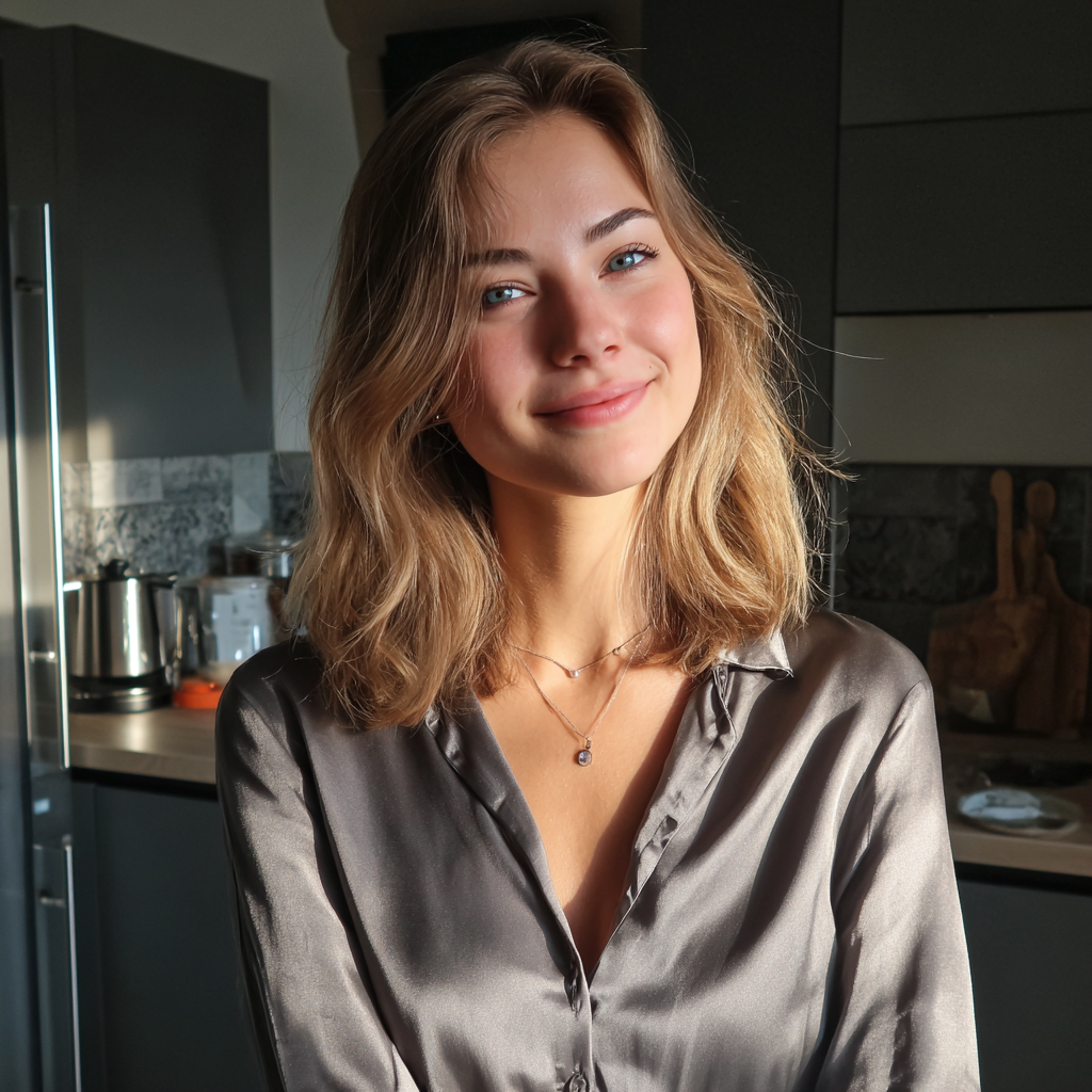 Eine lächelnde Frau in einer Seidenbluse | Quelle: Midjourney