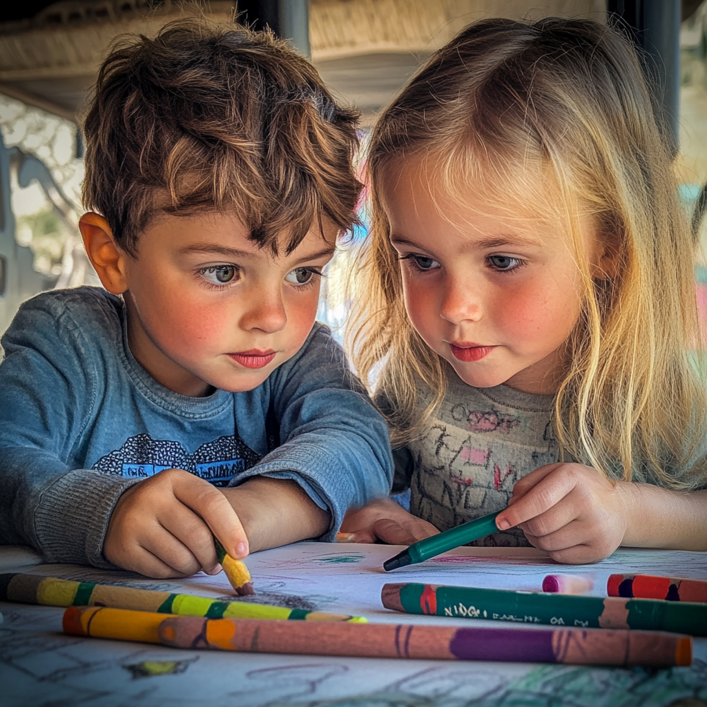 Kinder spielen mit Buntstiften | Quelle: Midjourney