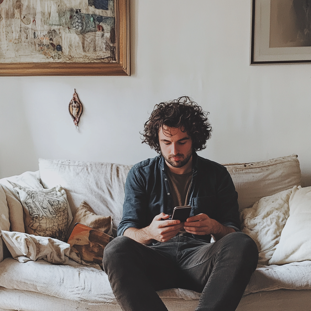 Ein Mann sitzt auf einer Couch und benutzt sein Telefon | Quelle: Midjourney