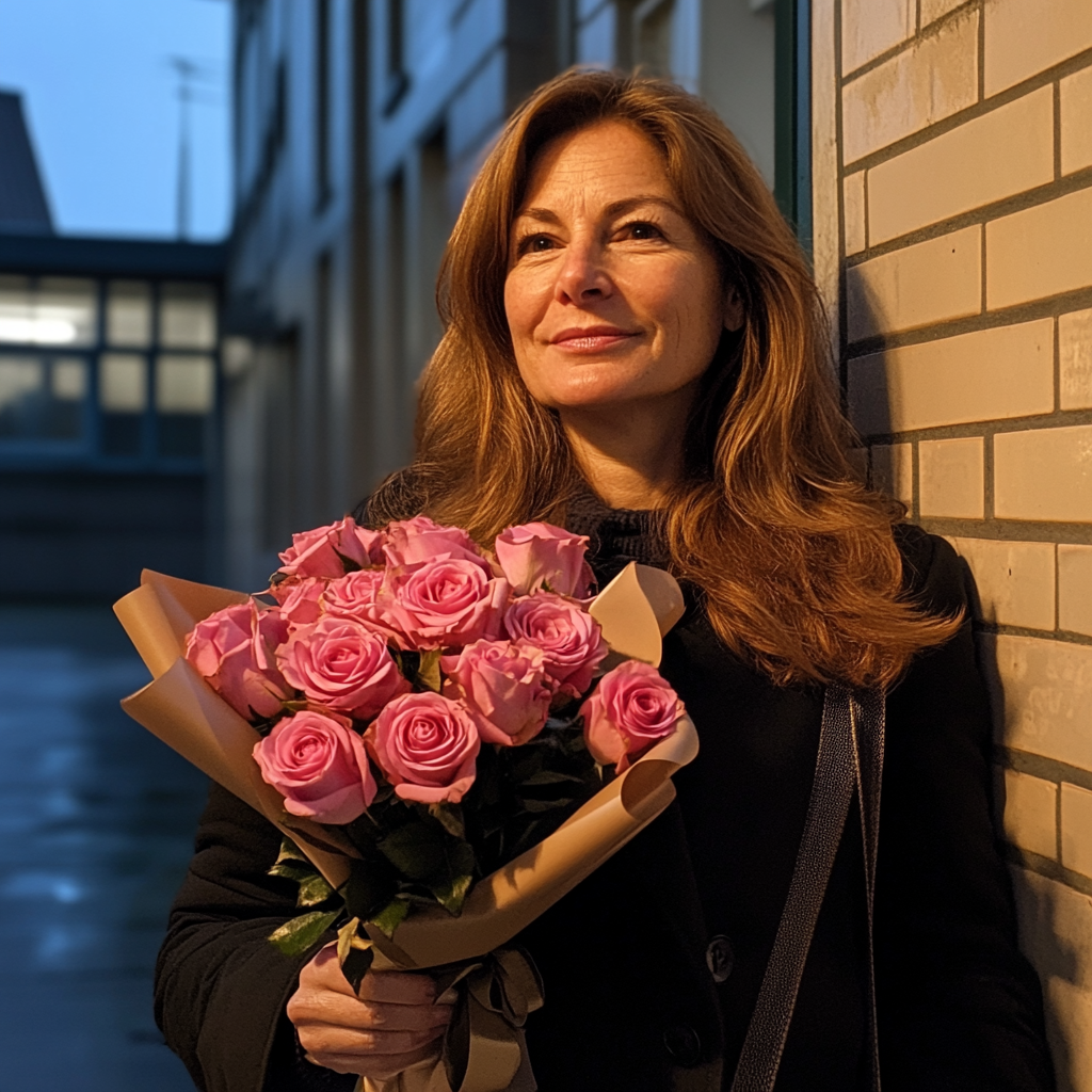 Eine Frau mit einem Rosenstrauß in der Hand | Quelle: Midjourney