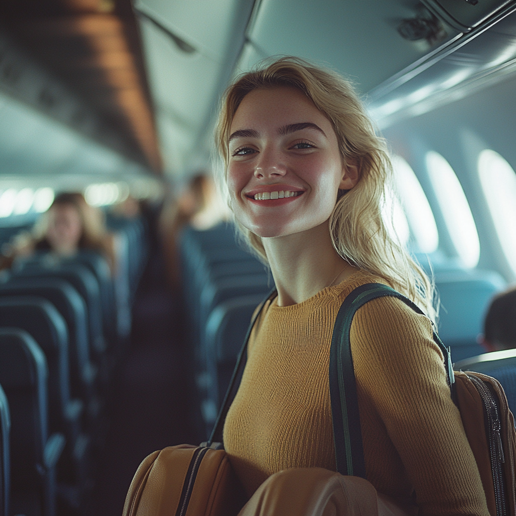 Eine Frau trägt ihr Gepäck in einem Flugzeug | Quelle: Midjourney