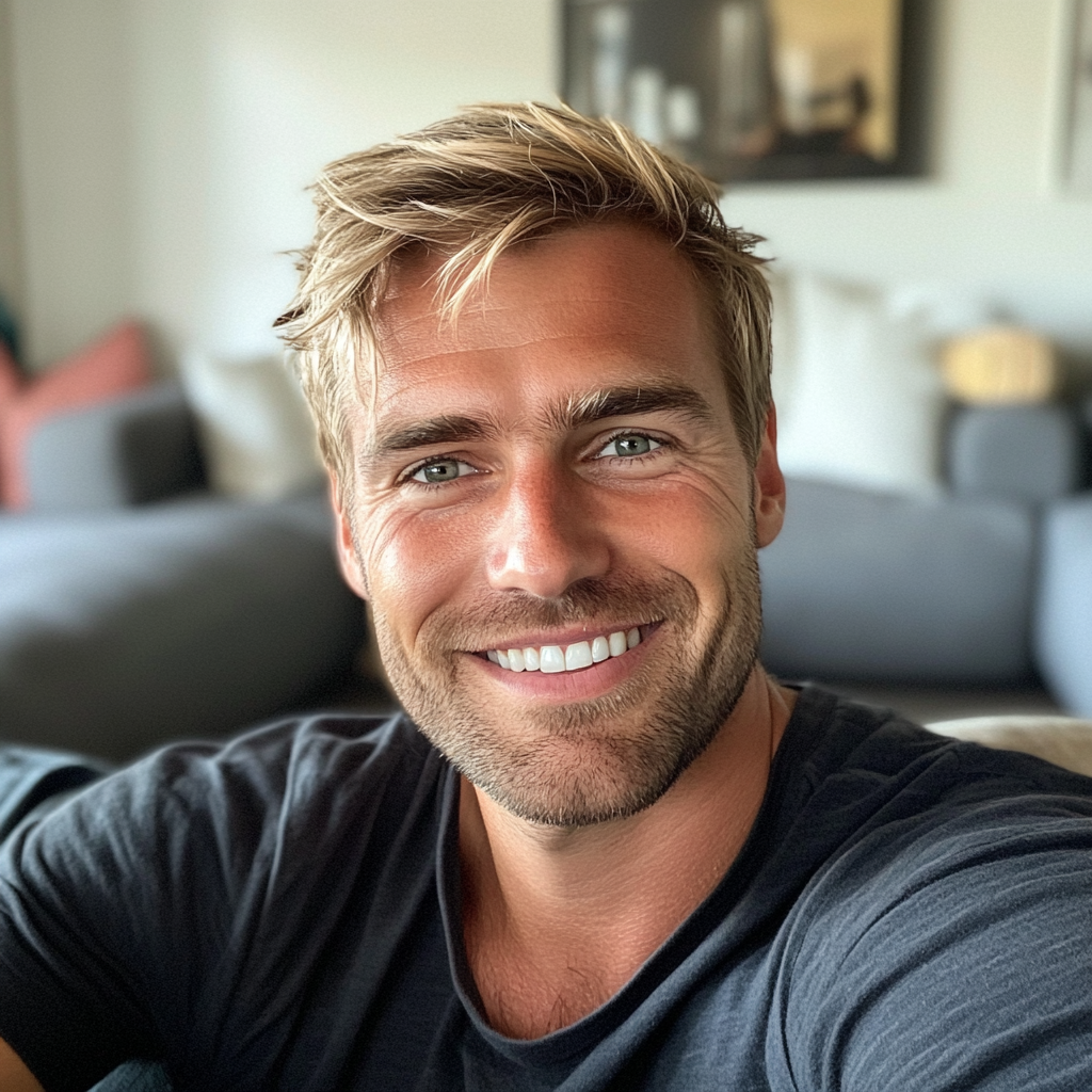 Ein Mann sitzt auf einer Couch im Wohnzimmer | Quelle: Midjourney