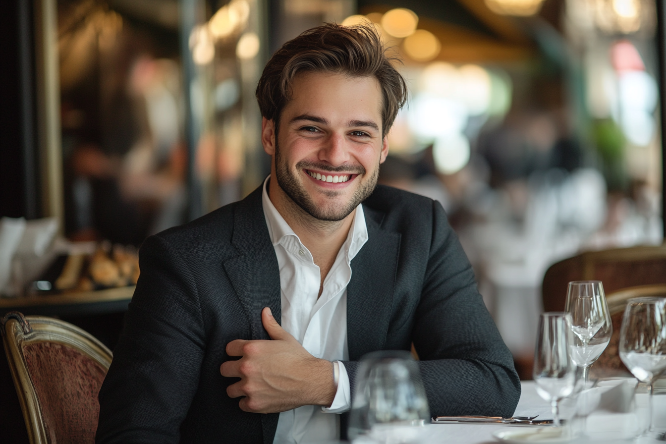 Ein Mann in einem Restaurant, der eine Hand auf seine Brust legt | Quelle: Midjourney