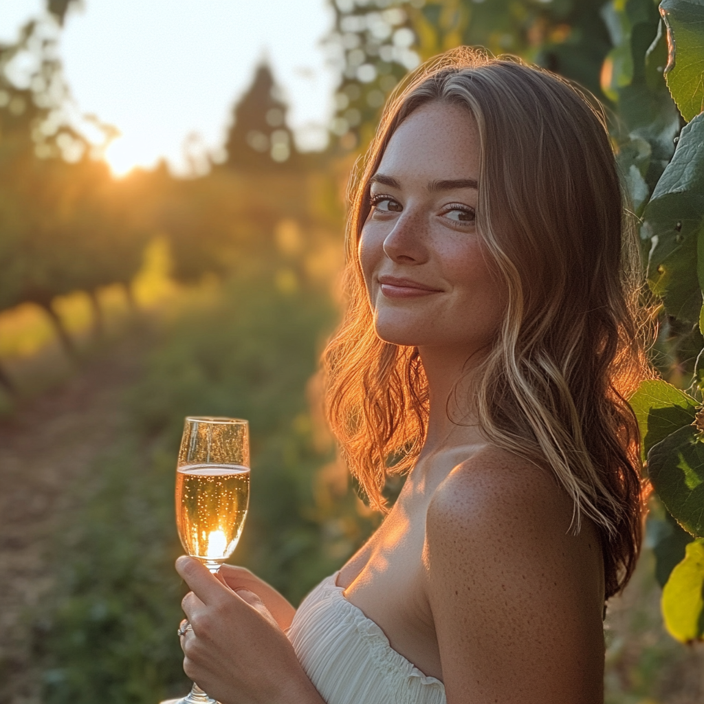 Eine gerissene Frau mit einem Glas Champagner in der Hand | Quelle: Midjourney