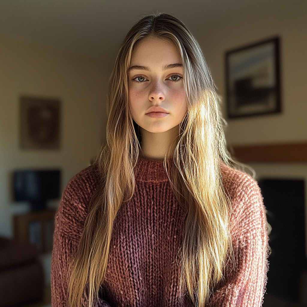 Eine junge Frau steht in einem Wohnzimmer | Quelle: Midjourney