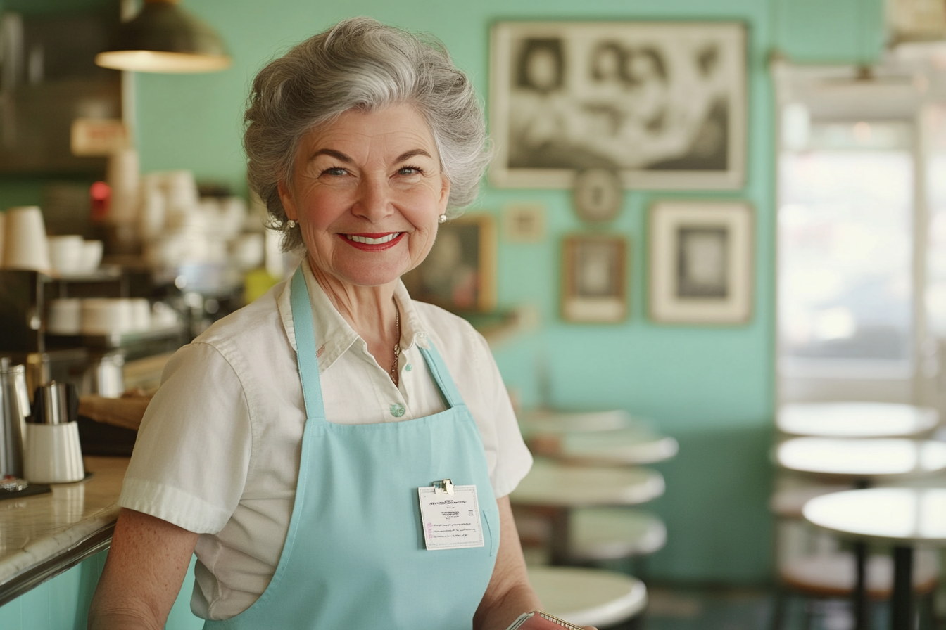 Frau in den 50ern in einer Kellnerinnen-Uniform in einem Café, lächelnd und mit einem Notizblock in der Hand | Quelle: Midjourney