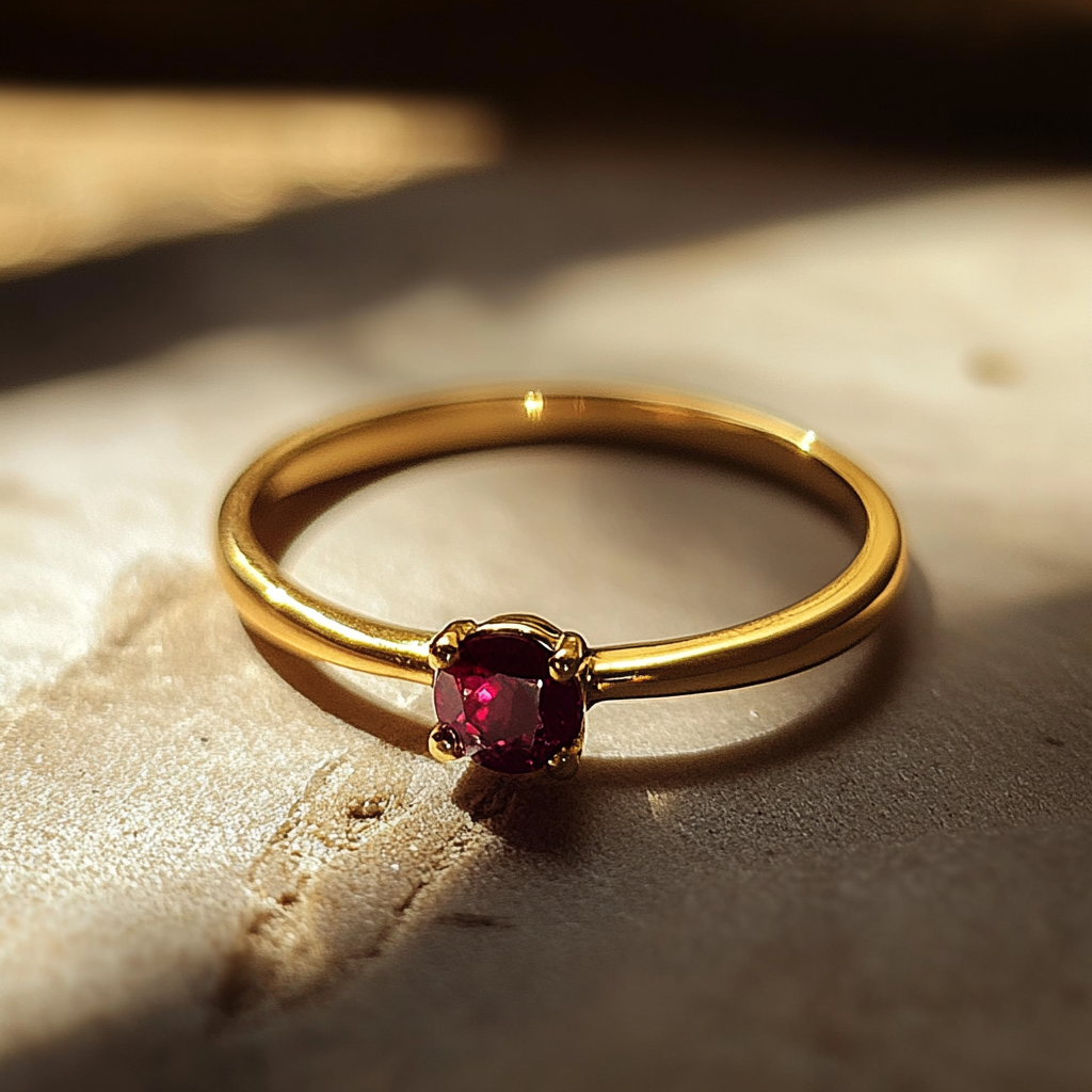 Eine Nahaufnahme eines Goldrings mit einem Rubin | Quelle: Midjourney