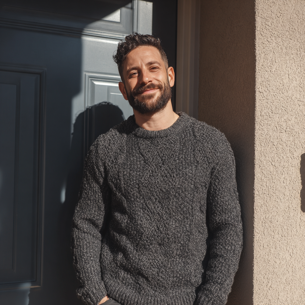Ein lächelnder Mann, der vor einer Wohnungstür steht | Quelle: Midjourney
