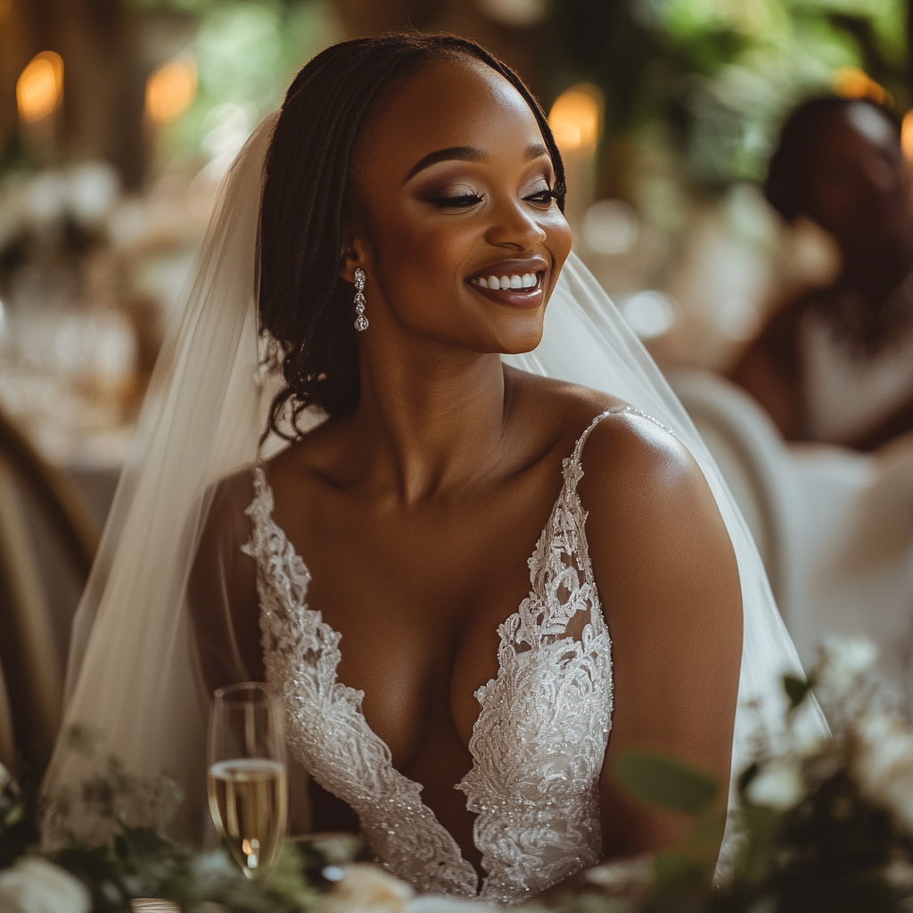 Eine glückliche Frau in einem Hochzeitskleid | Quelle: Midjourney