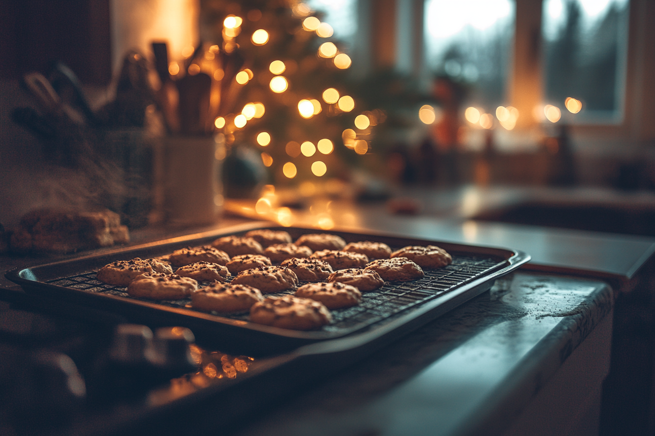 Schokoladenplätzchen, die in einer Pfanne auf der Herdplatte zu Weihnachten backen | Quelle: Midjourney