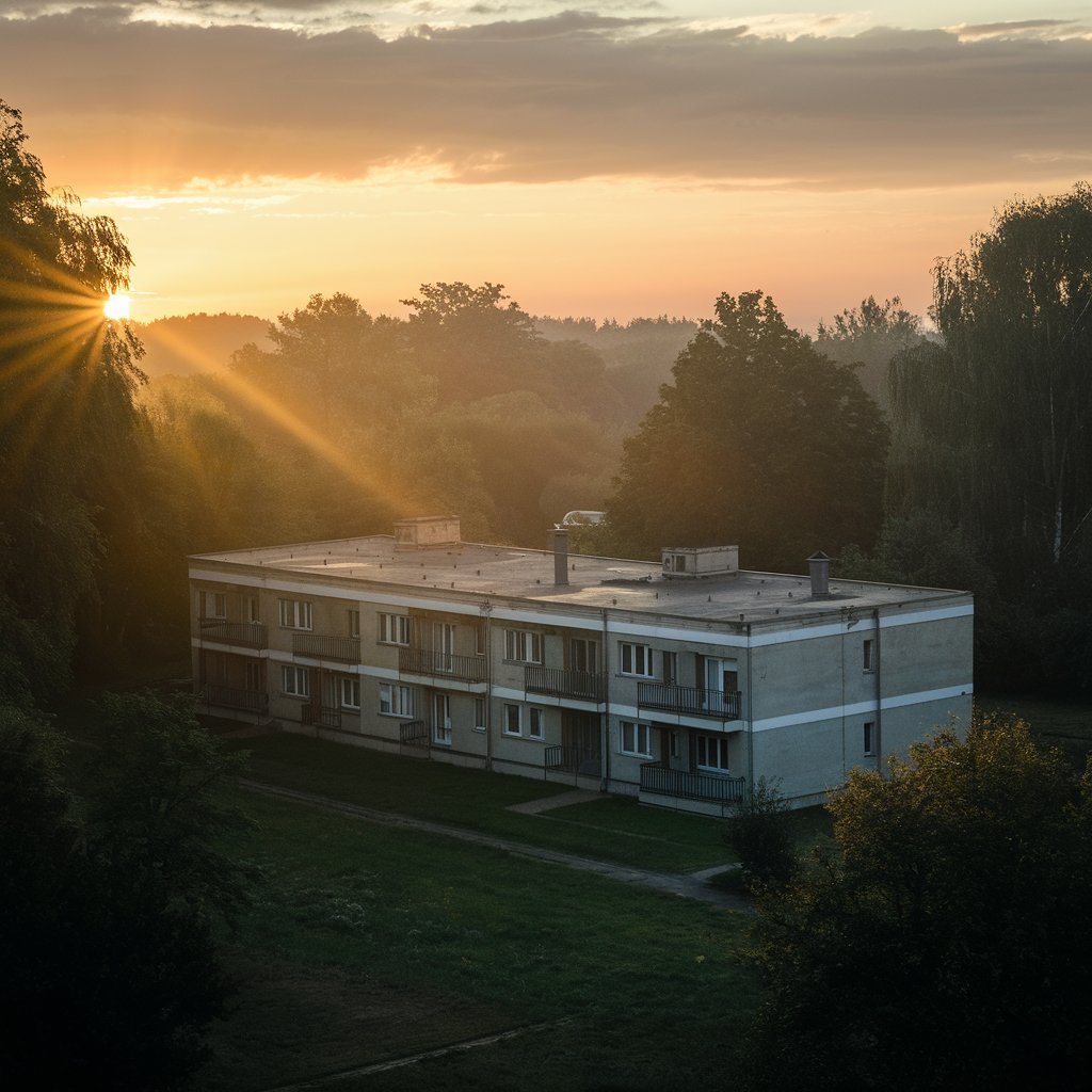 Ein bescheidener Wohnblock bei Sonnenaufgang | Quelle: Midjourney