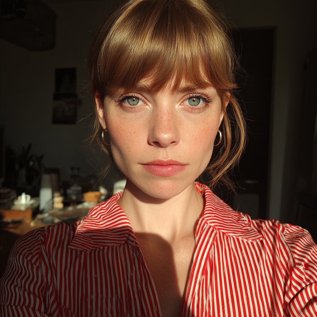 Eine Nahaufnahme einer nachdenklichen Frau in einem Wohnzimmer | Quelle: Midjourney