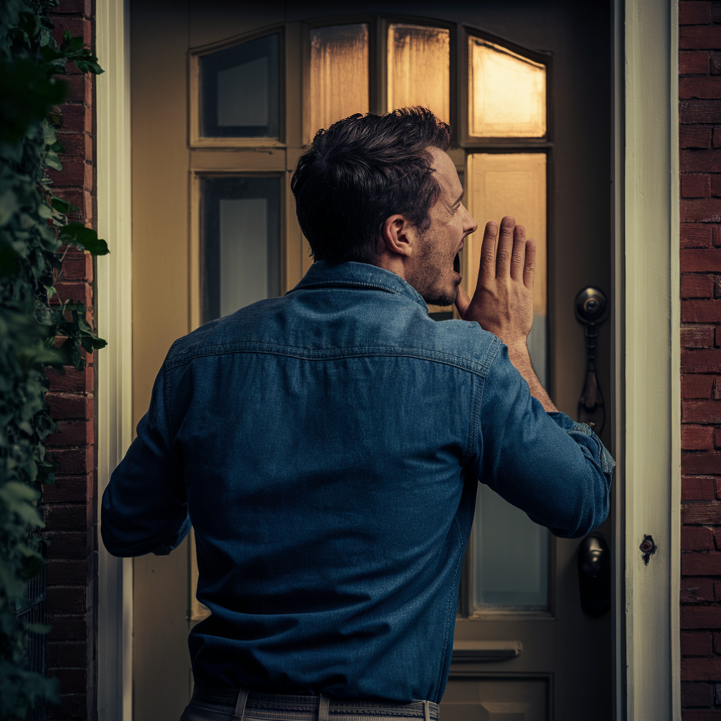 Um homem gritando algo em frente a uma porta da frente fechada | Fonte: Midjourney