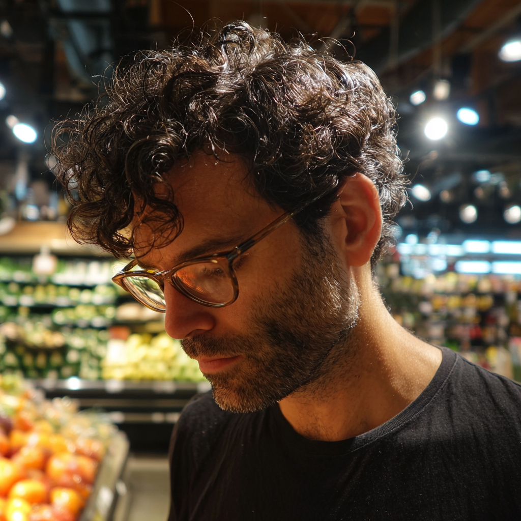 Zamyślony mężczyzna w czarnej koszulce | Źródło: Midjourney