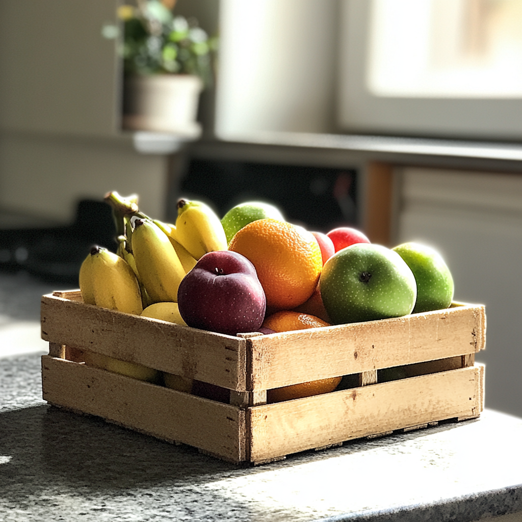 Eine Kiste mit frischem Obst auf einer Küchentheke | Quelle: Midjourney