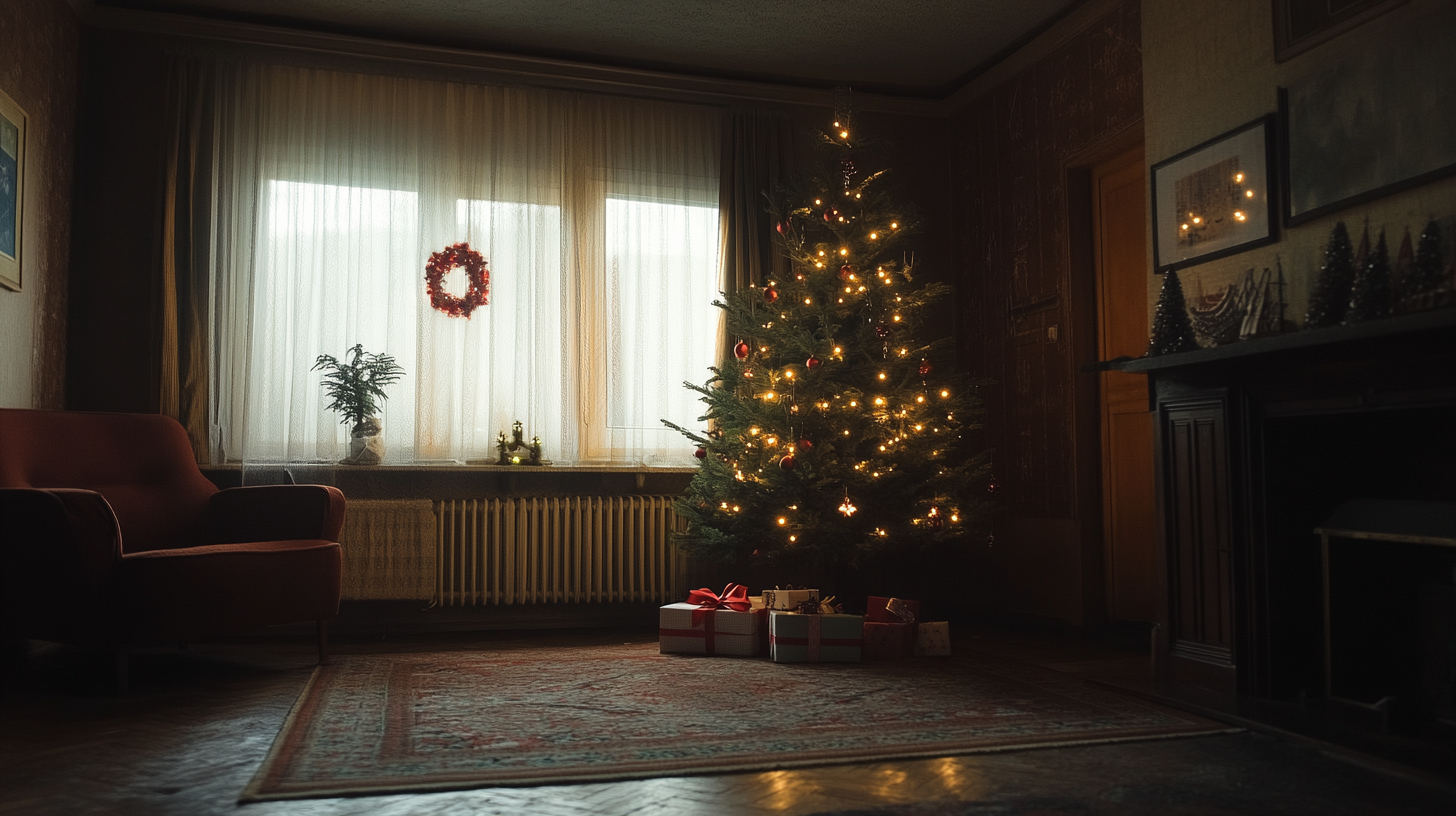 Ein Weihnachtsbaum in einem Wohnzimmer | Quelle: Midjourney