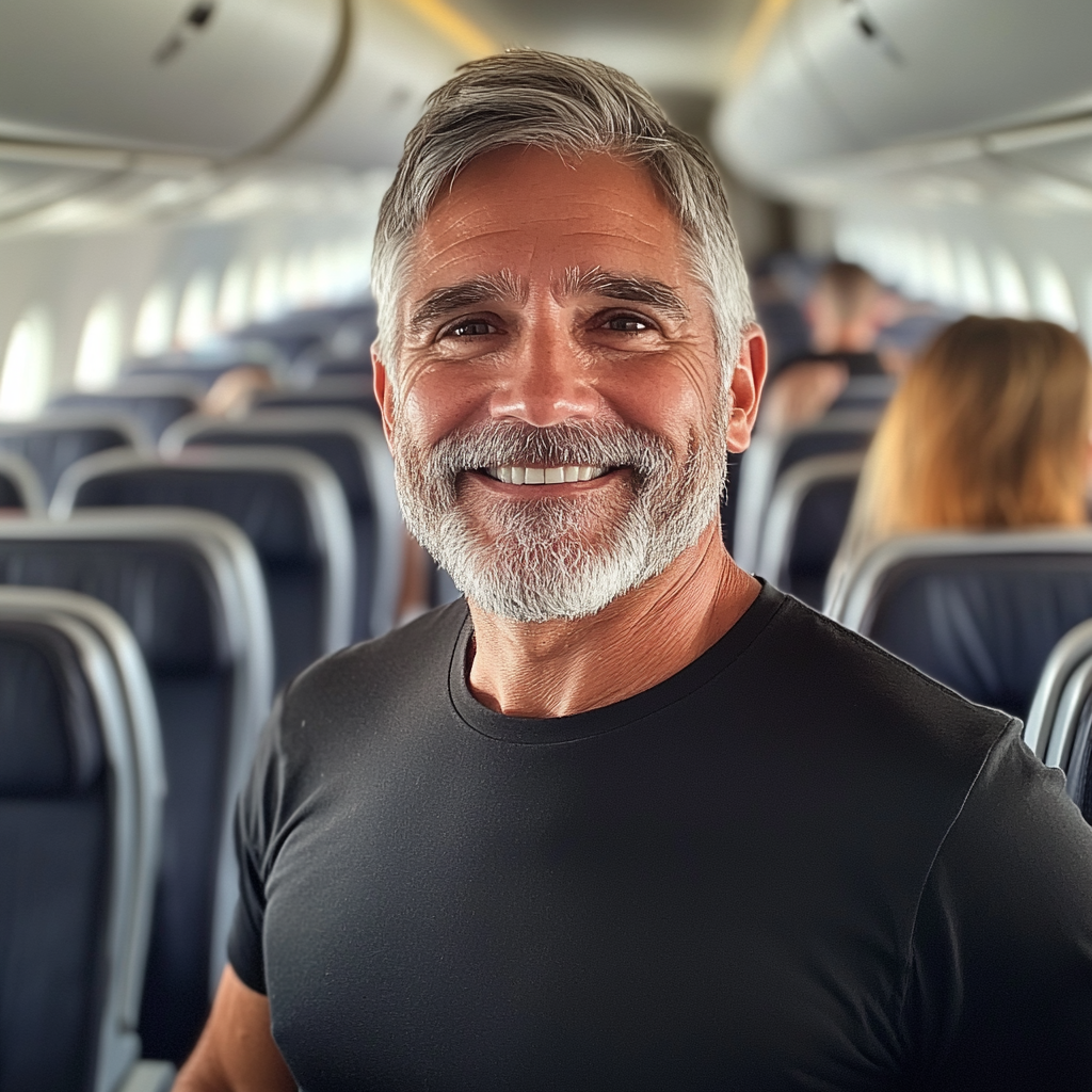 Ein lächelnder Mann in einem Flugzeug | Quelle: Midjourney