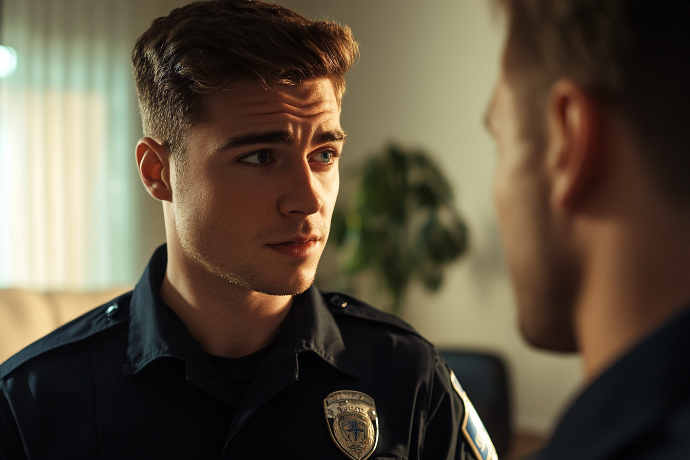 Ein Polizist im Gespräch mit einem Mann | Quelle: Midjourney