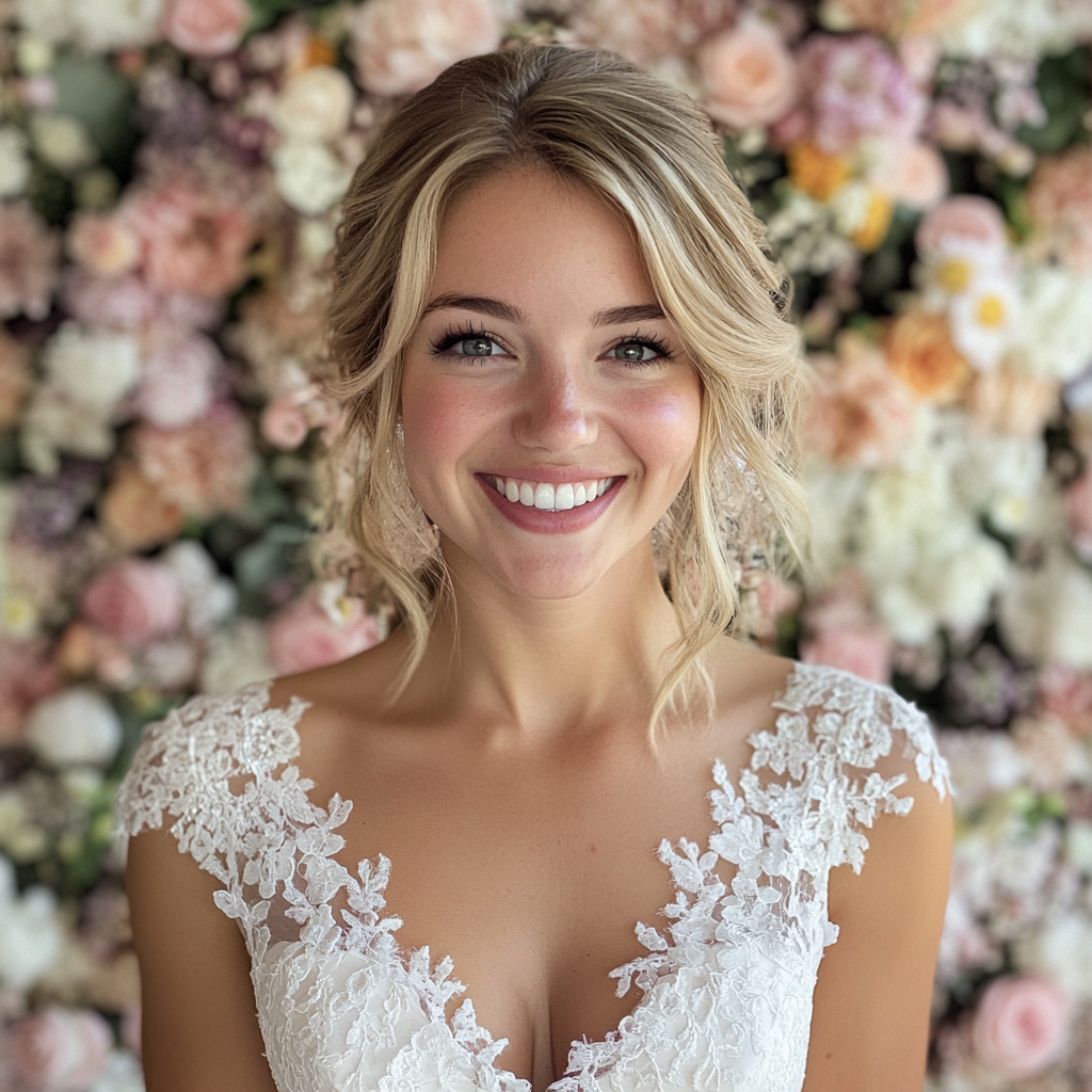 Eine Braut steht vor einer Blumenwand | Quelle: Midjourney