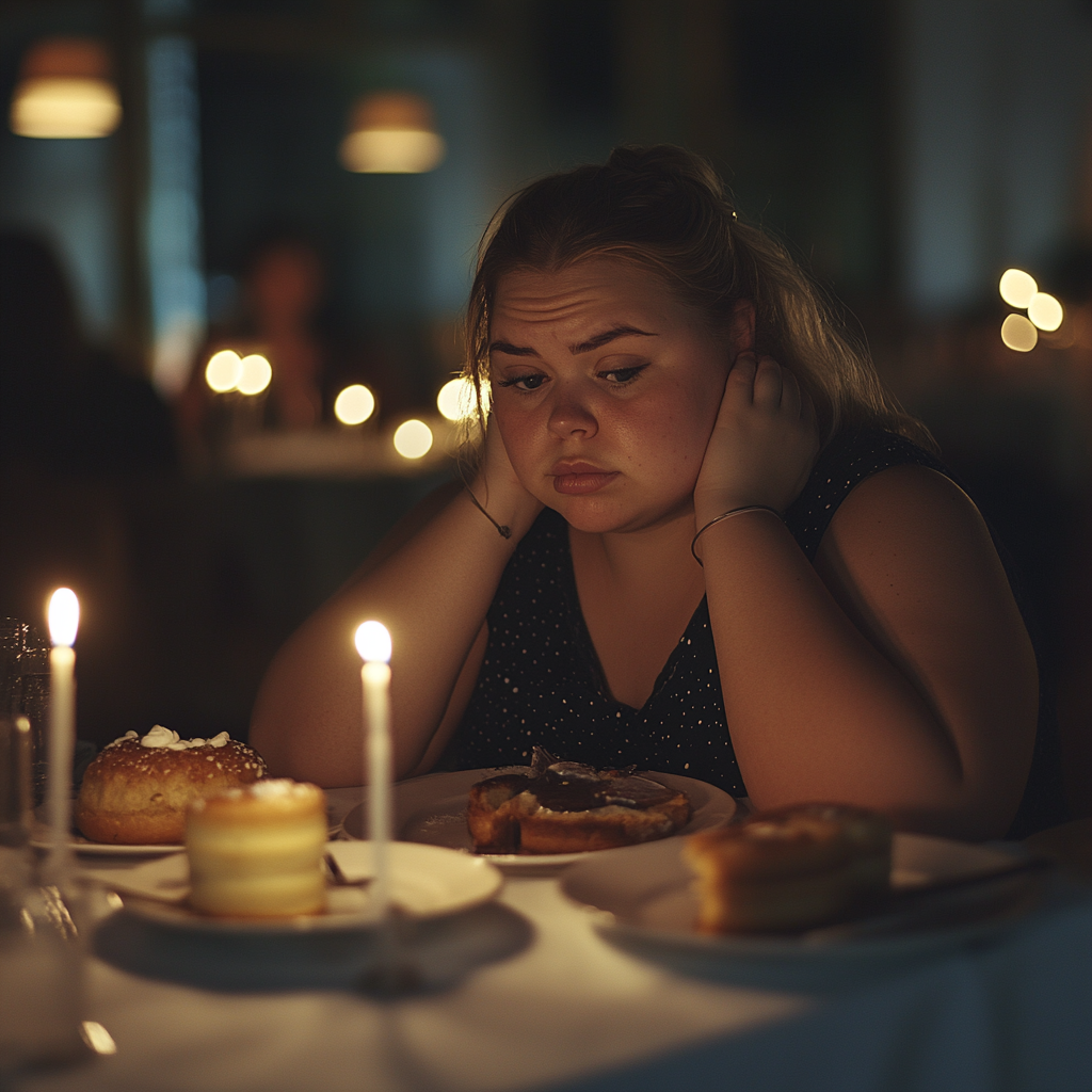 Eine traurige Frau bei einem formellen Abendessen | Quelle: Midjourney