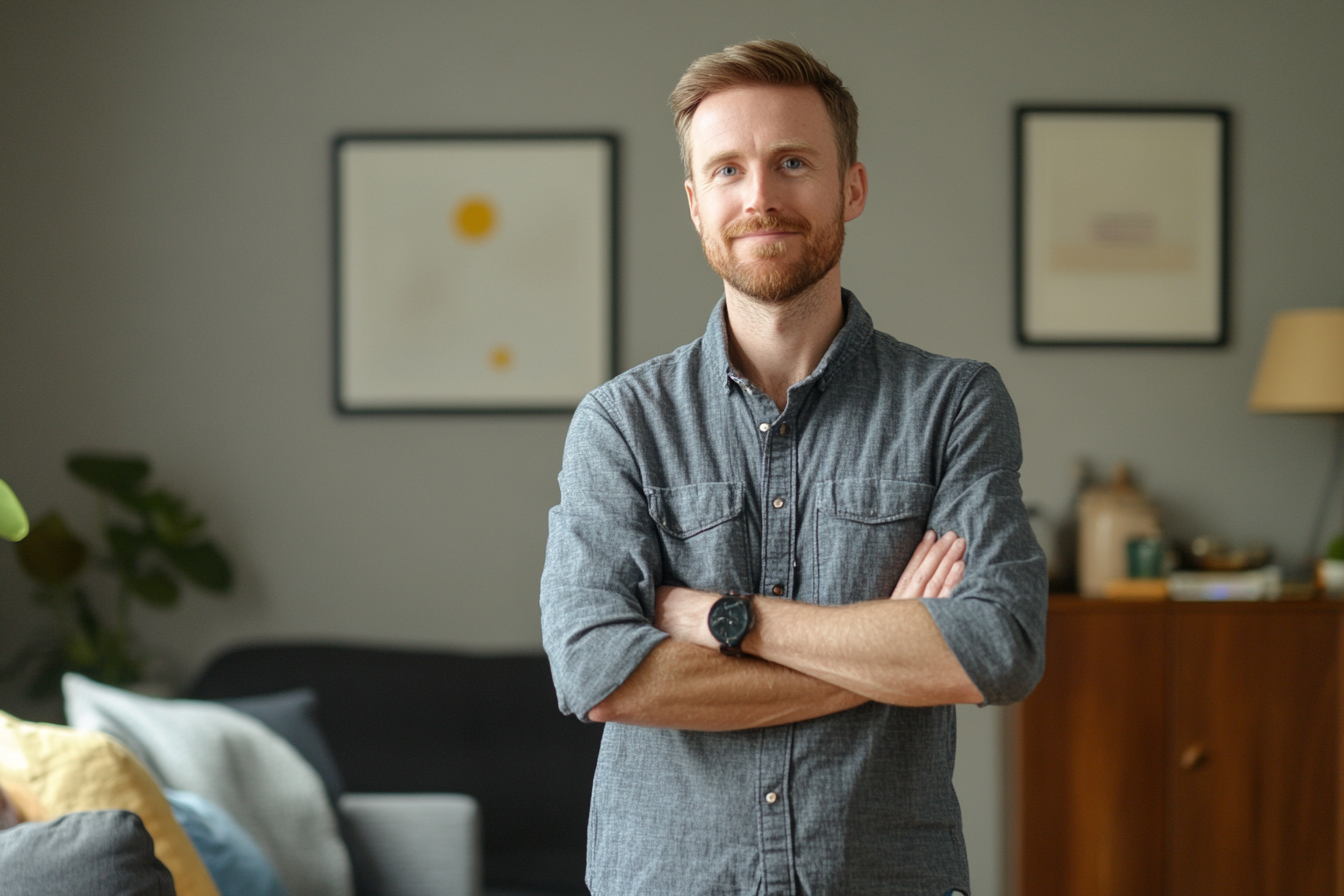 Ein lächelnder Mann in einem Wohnzimmer | Quelle: Midjourney