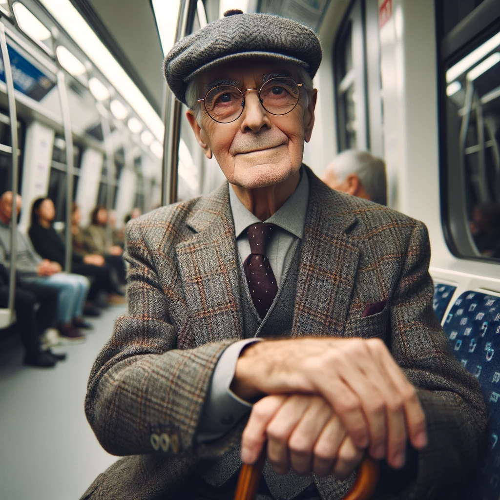 Ein älterer Mann sitzt in einem U-Bahn-Zug via KI | Quelle: DALL-E