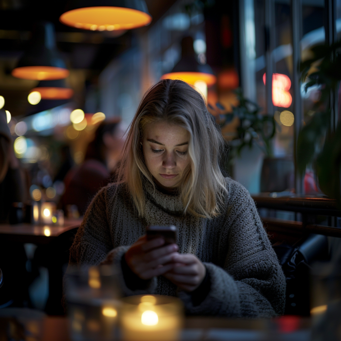 Eine Frau benutzt ihr Telefon in einem Restaurant | Quelle: Midjourney