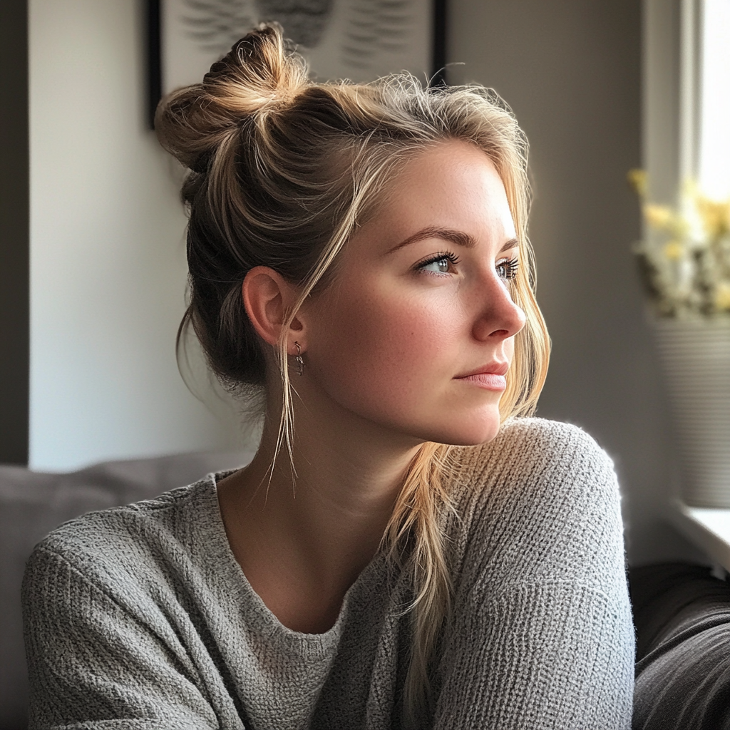 Eine Frau, die auf einer Couch sitzt und aus dem Fenster schaut | Quelle: Midjourney