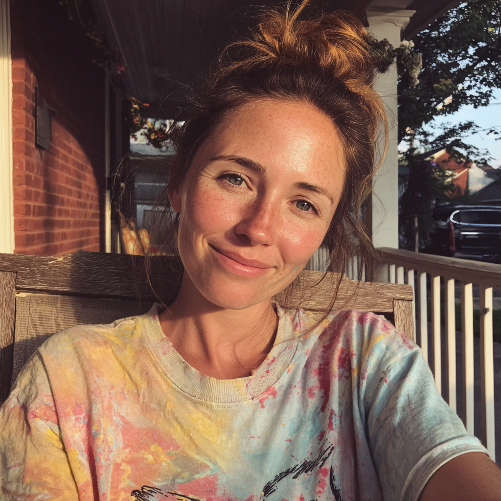 Uśmiechnięta kobieta siedząca na werandzie | Źródło: Midjourney