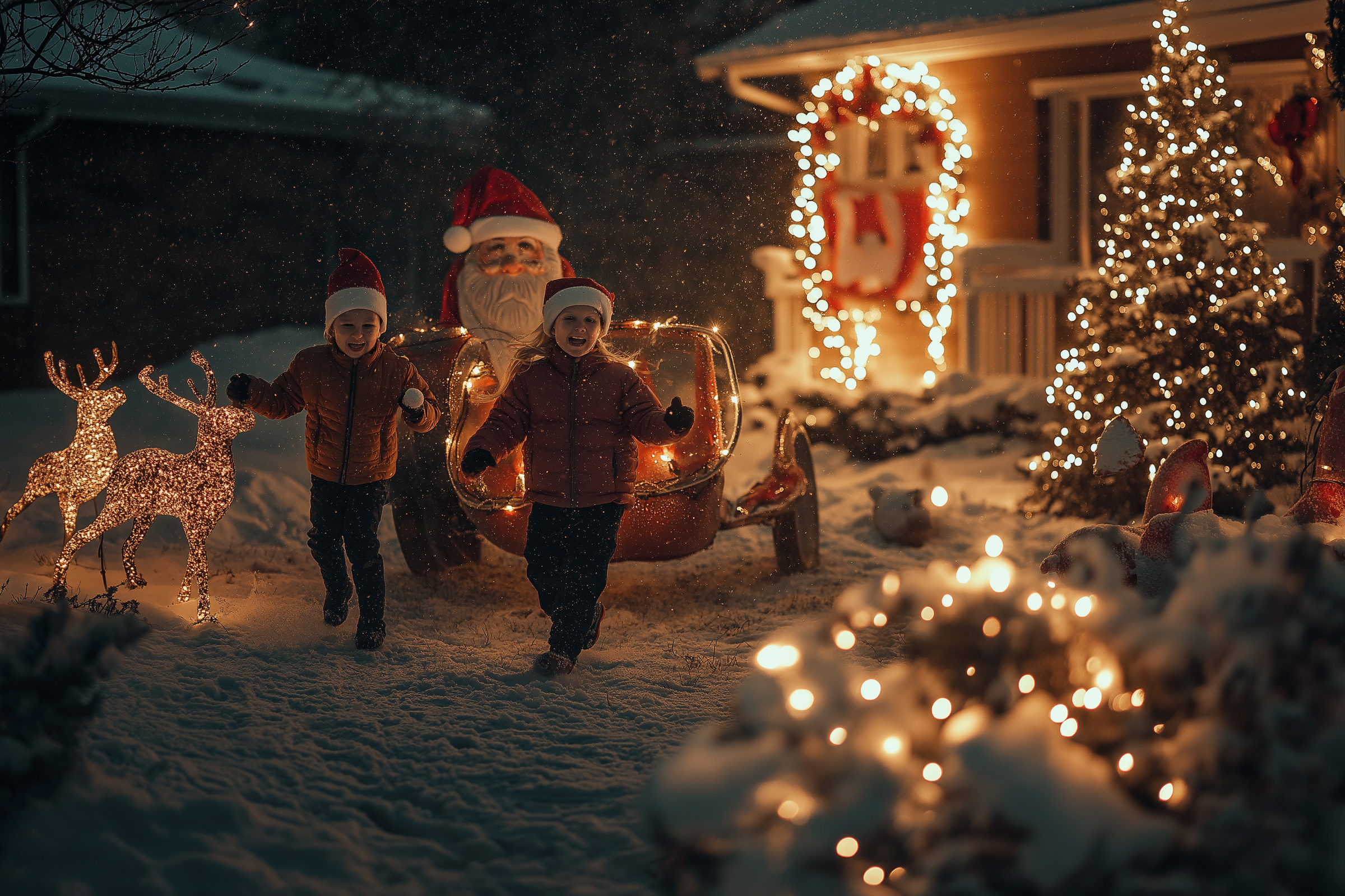 Kinder rennen durch einen verschneiten Hof mit Weihnachtsschmuck | Quelle: Midjourney