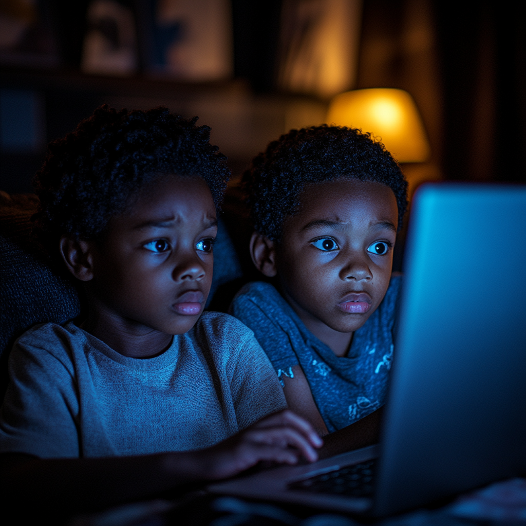 Zwei Kinder schauen sich zu Hause etwas auf einem Laptop an | Quelle: Midjourney