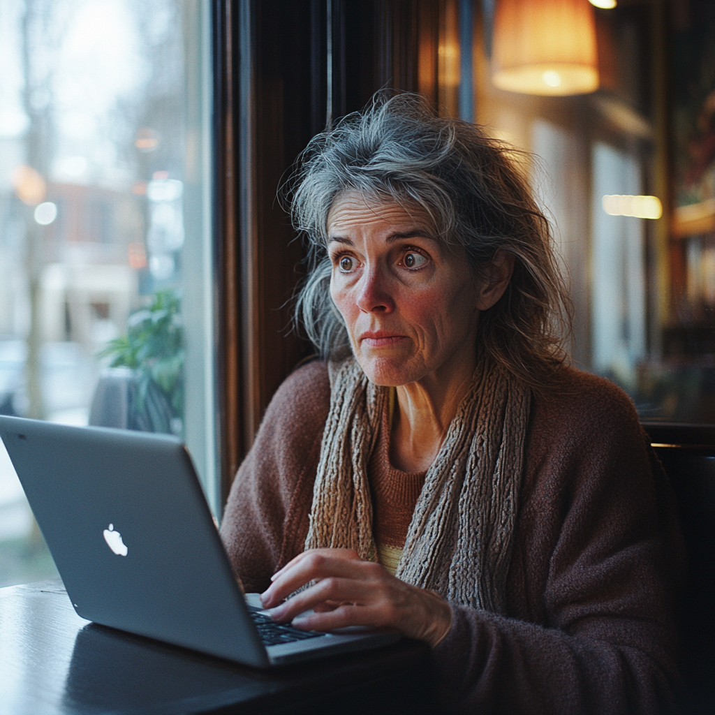 Eine Frau, die in einem Café auf einen Laptop schaut | Quelle: Midjourney