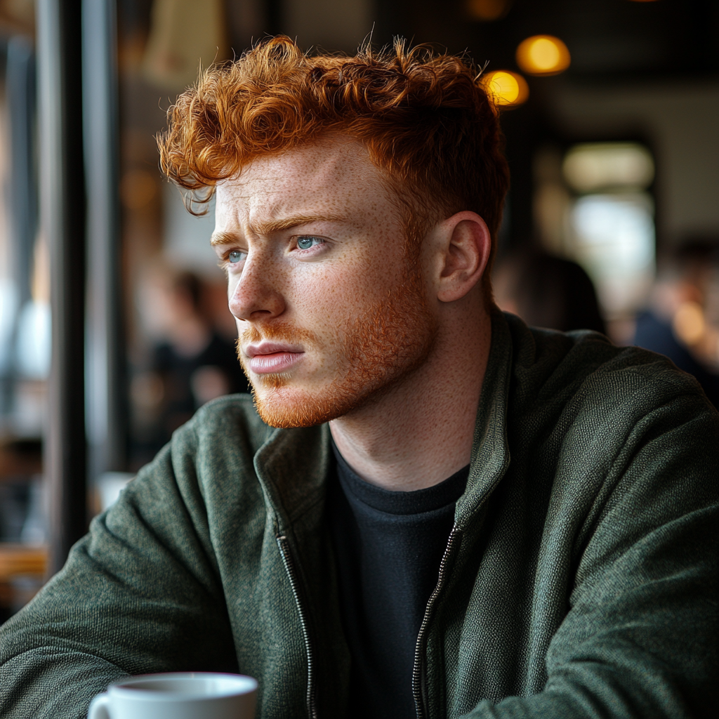 Ein rothaariger Mann sitzt in einem Cafe | Quelle: Midjourney