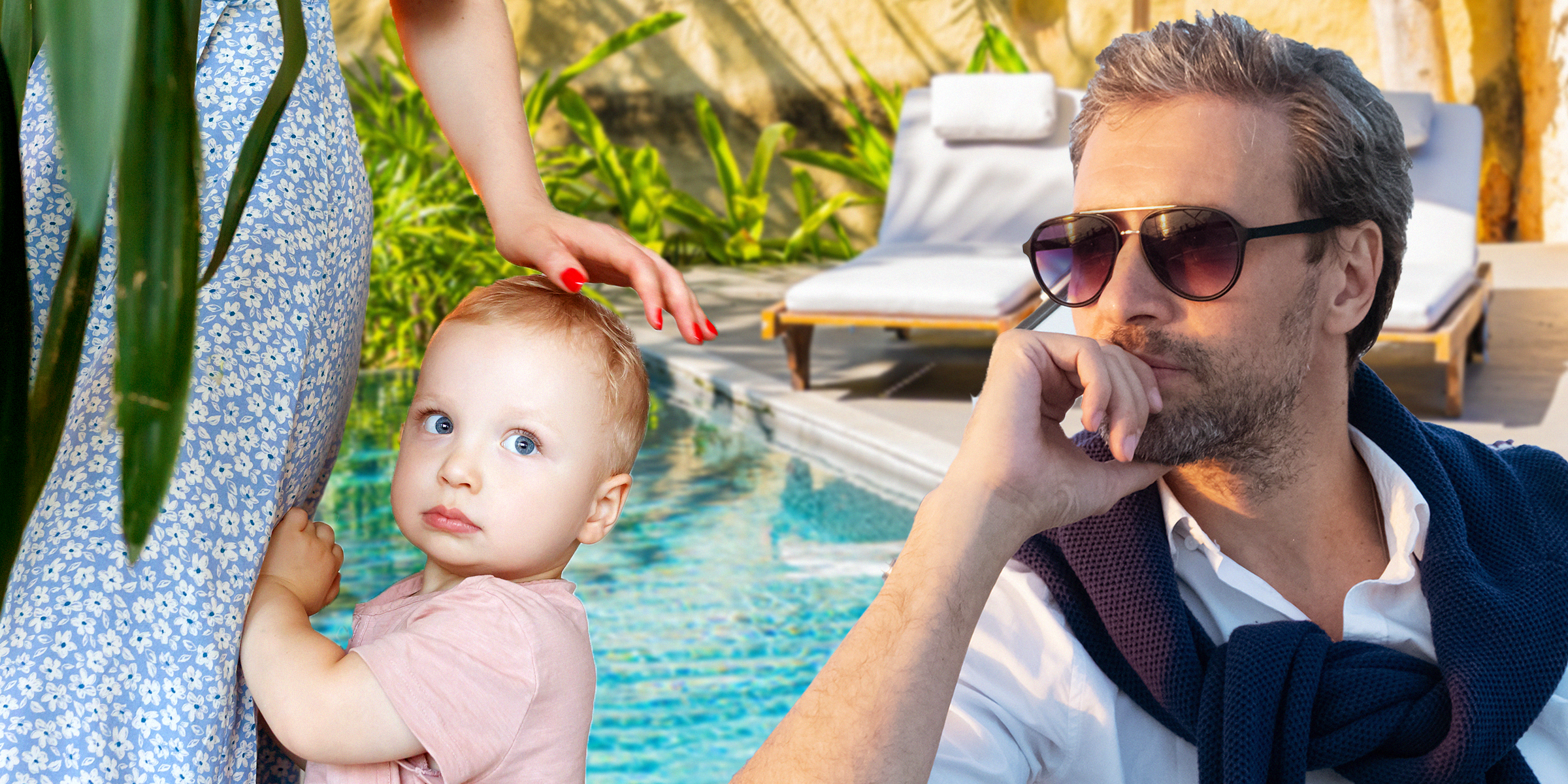 Eine Mutter mit ihrem Sohn am Pool | Ein reicher Mann am Pool | Quelle: Shutterstock