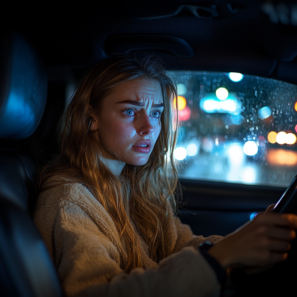 Eine Frau sieht erschüttert aus, während sie nachts mit dem Auto fährt | Quelle: Midjourney