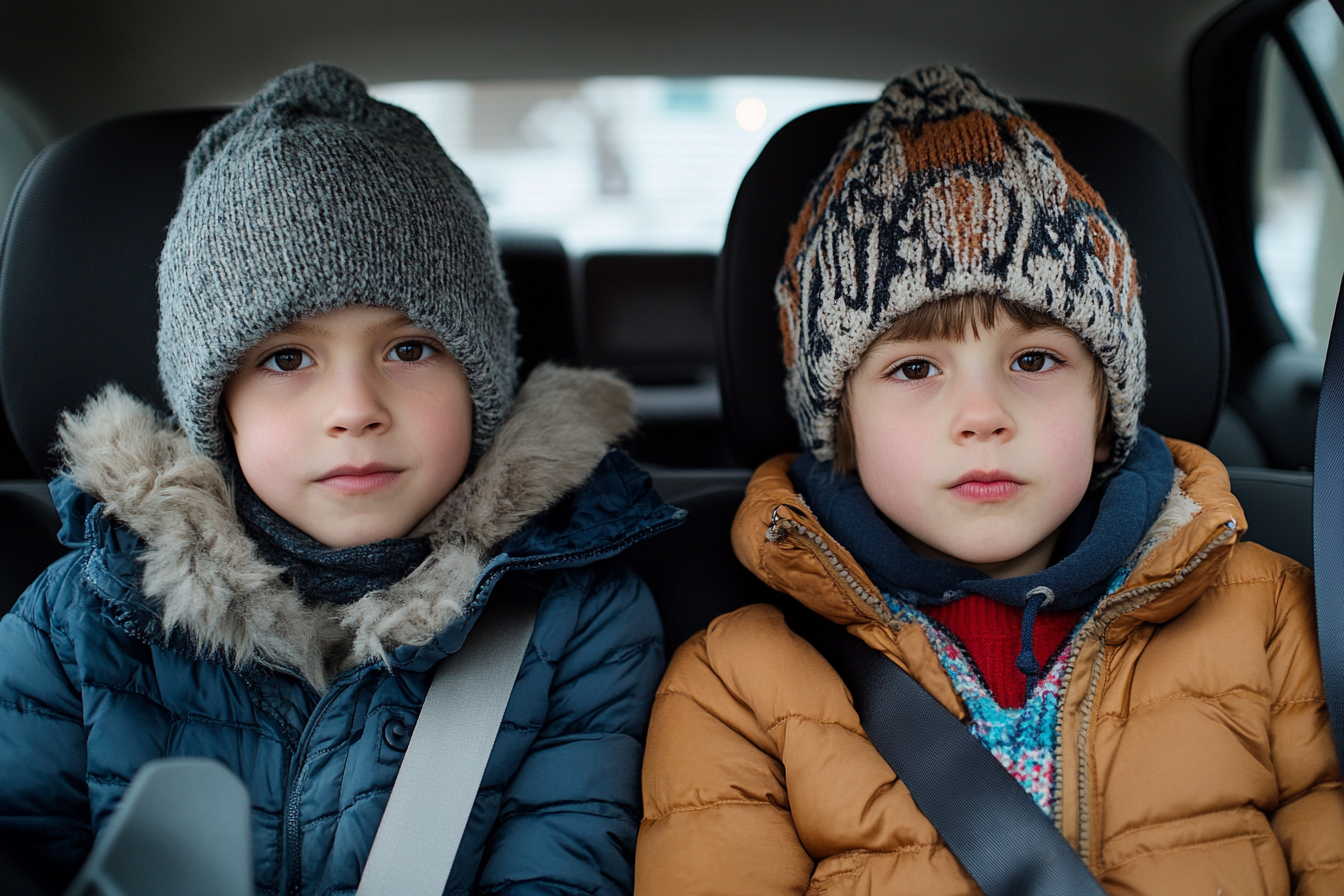 Zwei warm angezogene Jungen in einem Auto | Quelle: Midjourney