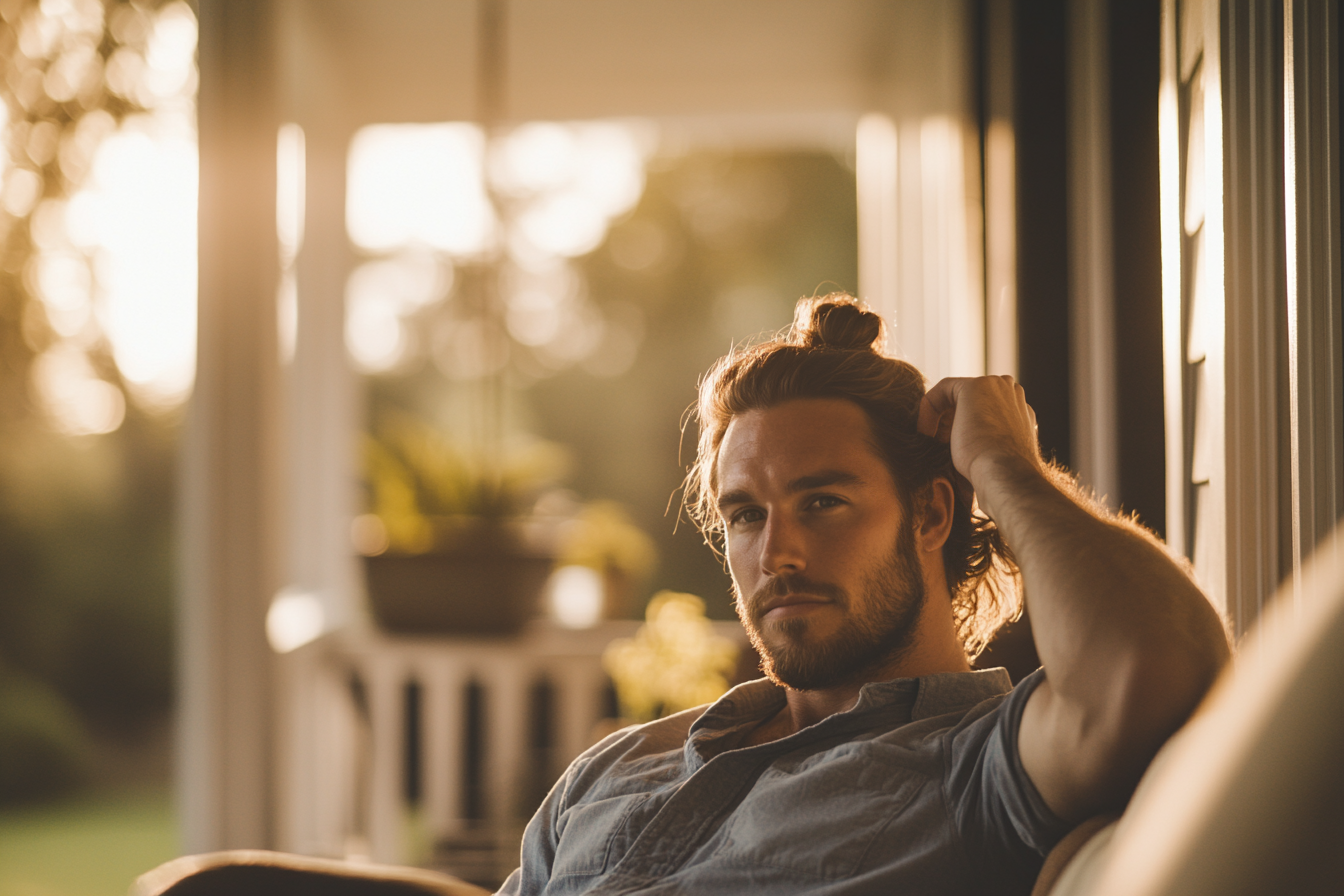 Ein Mann sitzt auf einer Veranda-Schaukel und fährt sich mit der Hand durch die Haare | Quelle: Midjourney