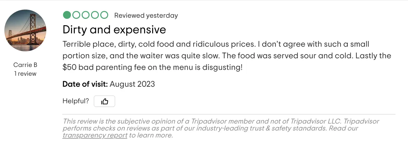 Eine negative Kundenrezension über das Toccoa Riverside Restaurant | Quelle: tripadvisor.com
