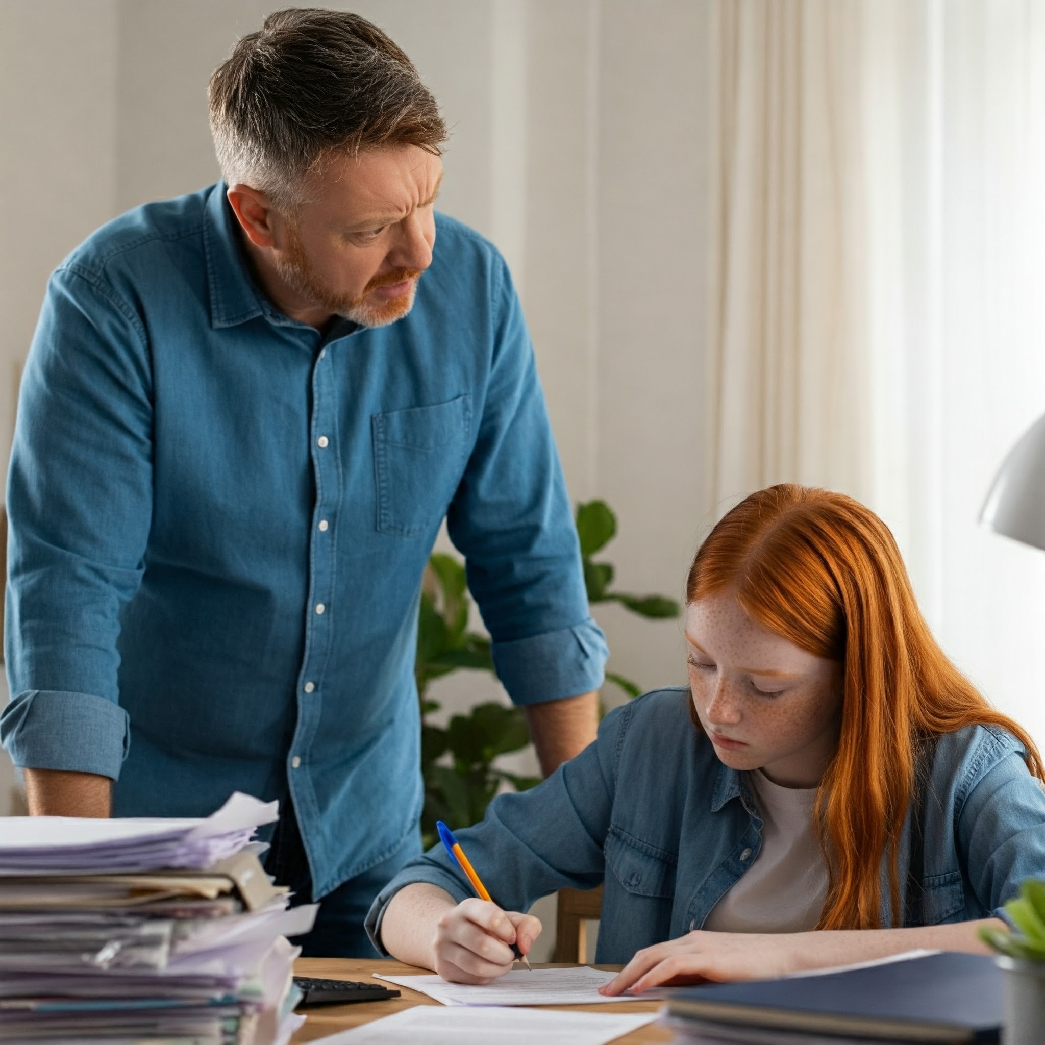 Ein Mann schaut wütend, während ein Teenager studiert | Quelle: Gemini