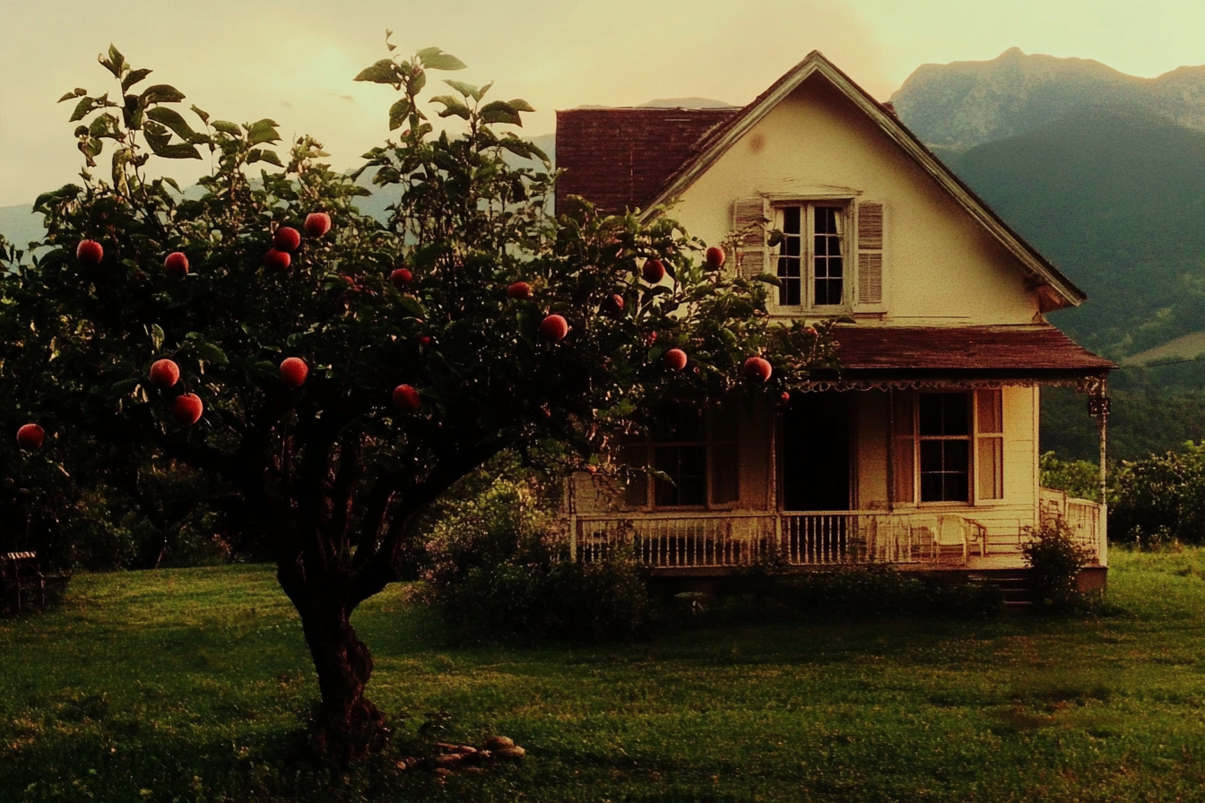 Ein malerisches Haus mit einem Pfirsichbaum | Quelle: Midjourney