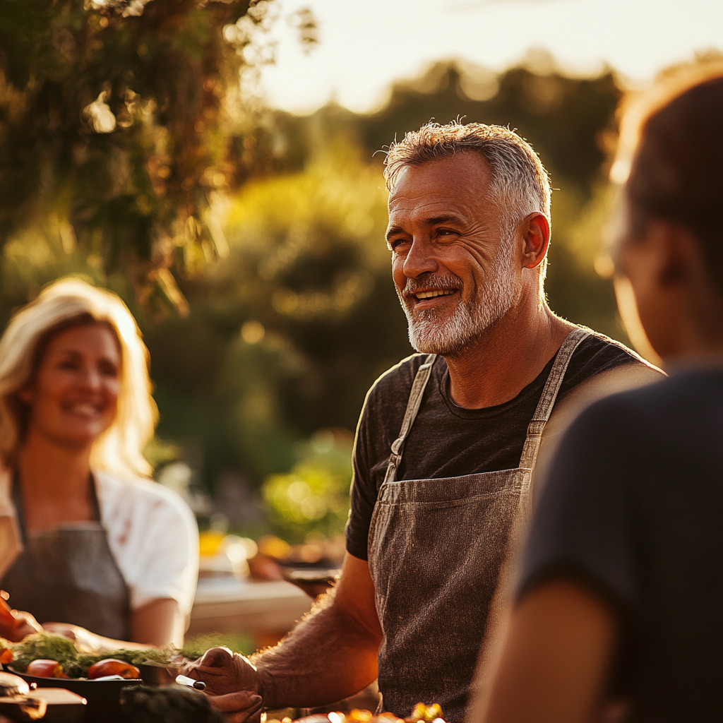 Ein Mann im Gespräch mit seiner Familie bei einem Grillfest | Quelle: Midjourney