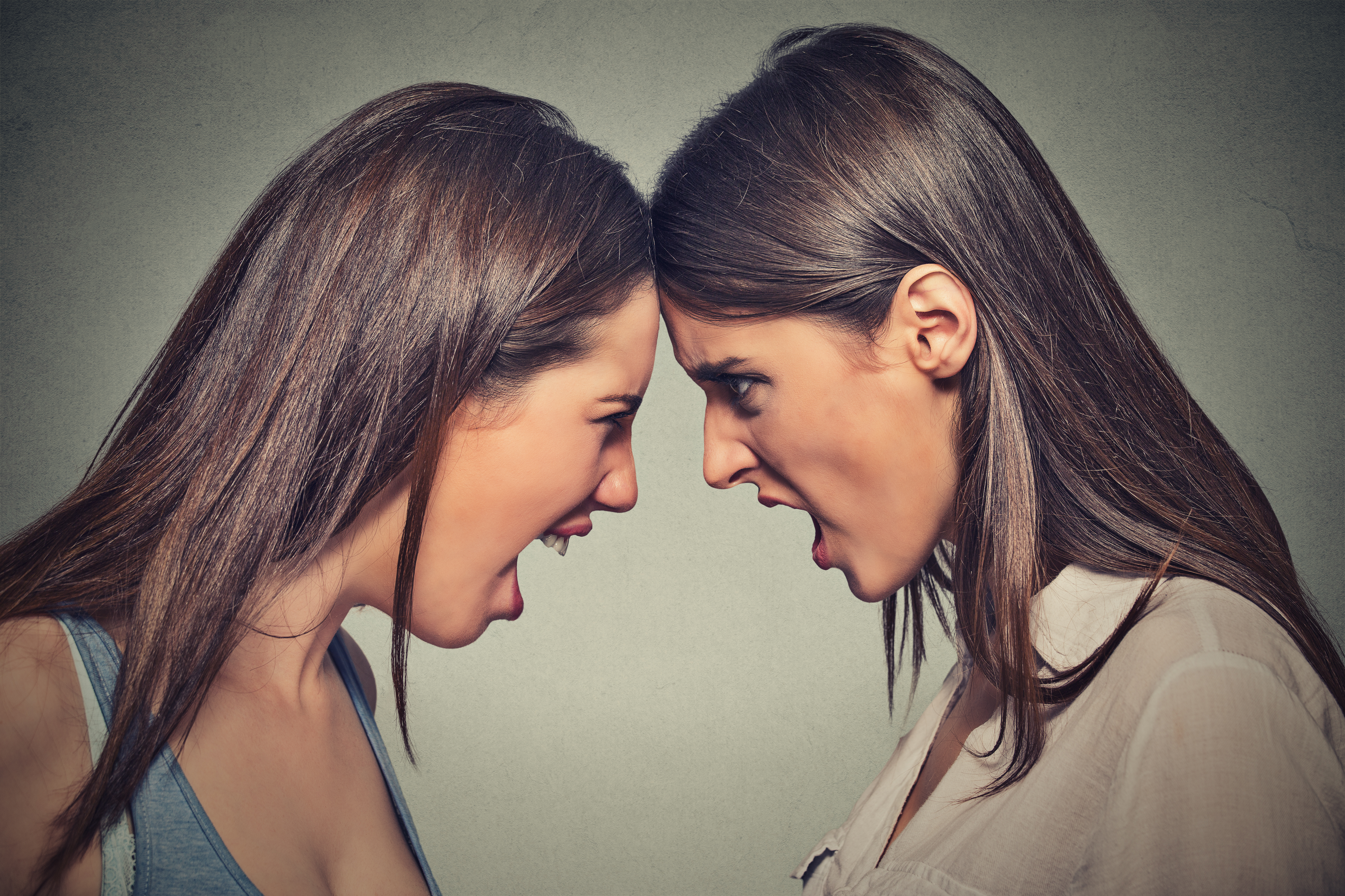 Zwei Schwestern, Kopf an Kopf, die streiten | Quelle: Shutterstock